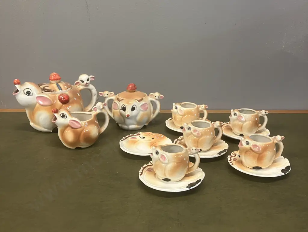 1950s Rudolph Reindeer Christmas Tea Set Includes Teapot, Creamer, Sugar Bowl, Cups & Saucers - 14 Piece Made In Japan Image 1++