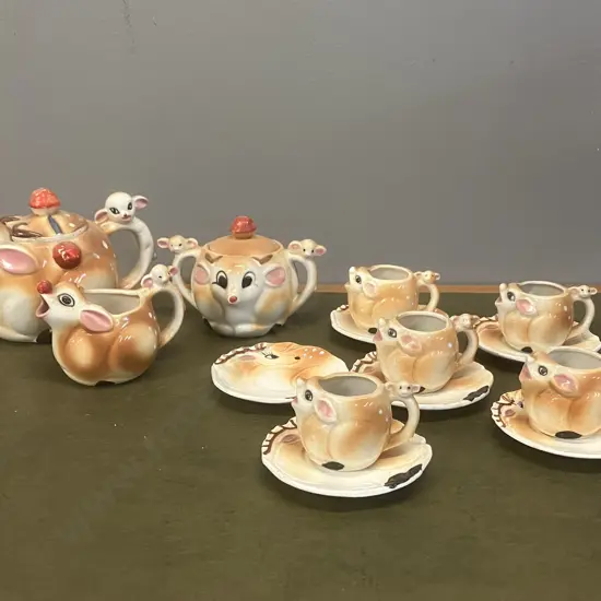 1950s Rudolph Reindeer Christmas Tea Set Includes Teapot, Creamer, Sugar Bowl, Cups & Saucers - 14 Piece Made In Japan