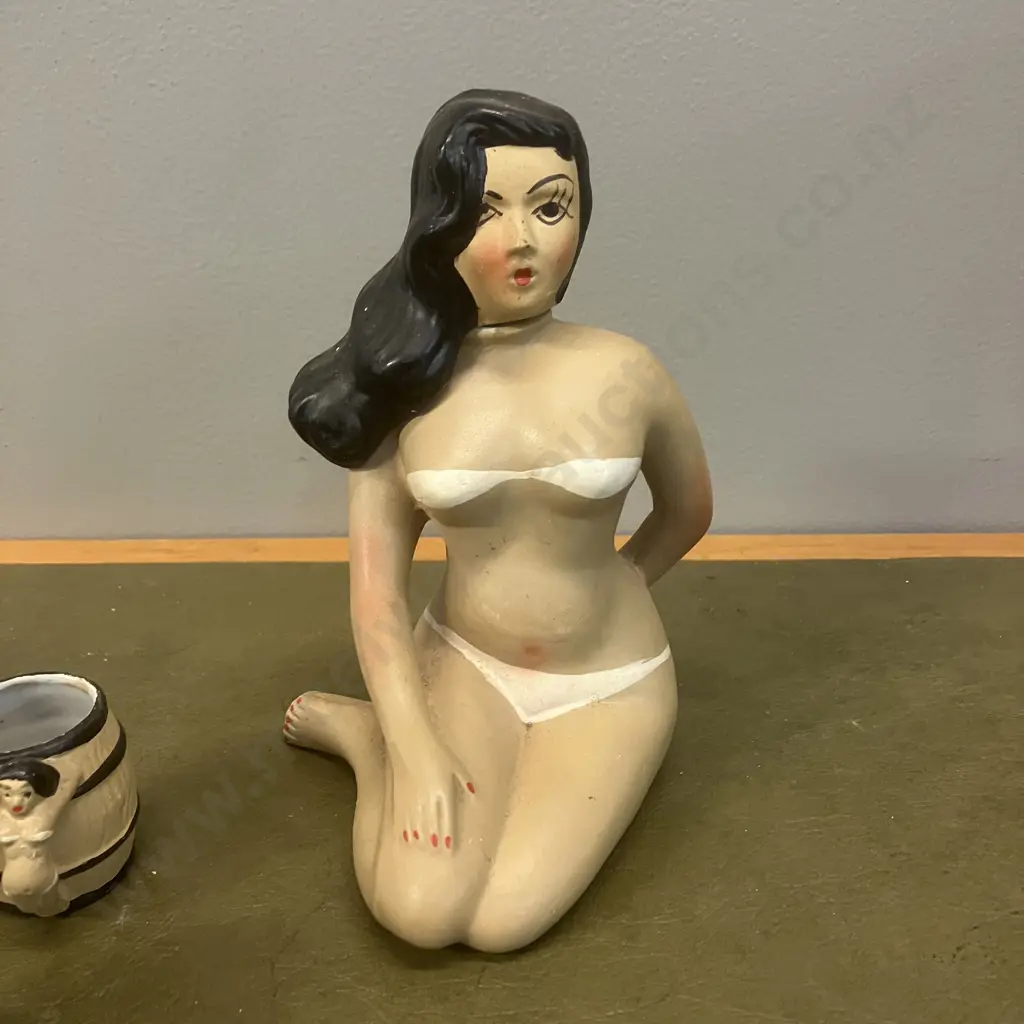 Mid Century Japan Ceramic Lady In Bikini Decanter With Five Small Cups Image 1++