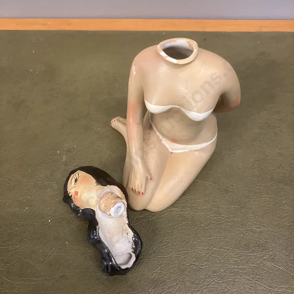 Mid Century Japan Ceramic Lady In Bikini Decanter With Five Small Cups Image 1++