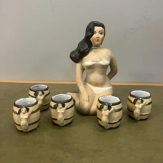 Mid Century Japan Ceramic Lady In Bikini Decanter With Five Small Cups