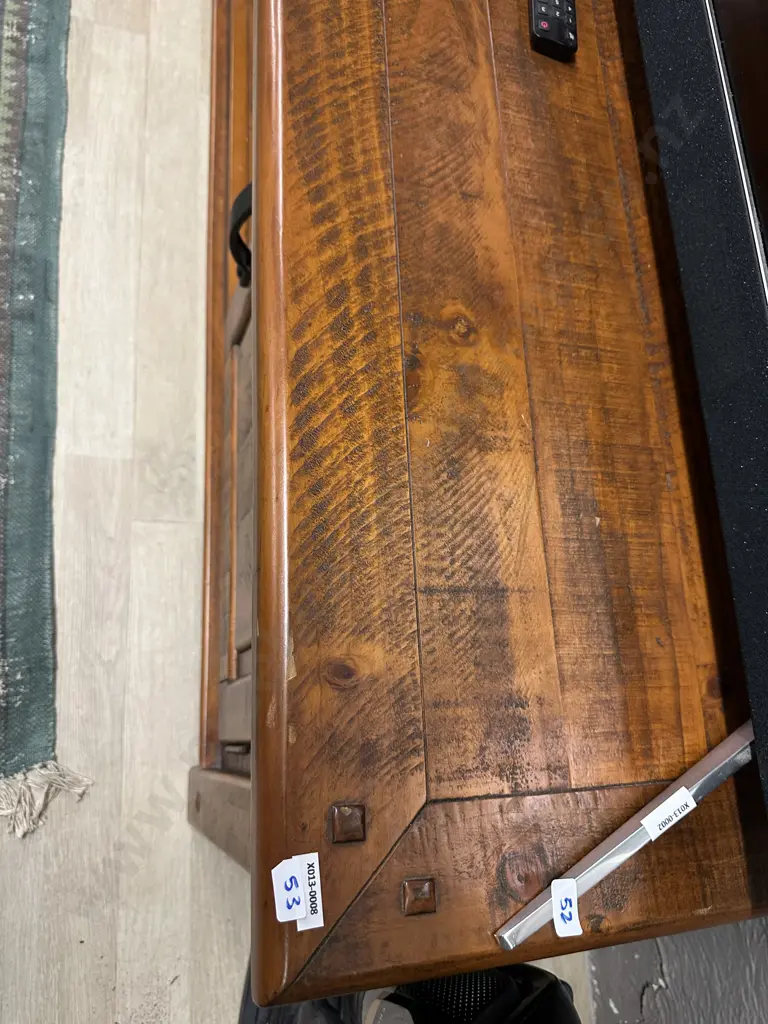 Two Door Rustic Pine TV Unit With Curved Solid Metal Handles, 3 Shelves. H52 W164 D45cm Image 1++