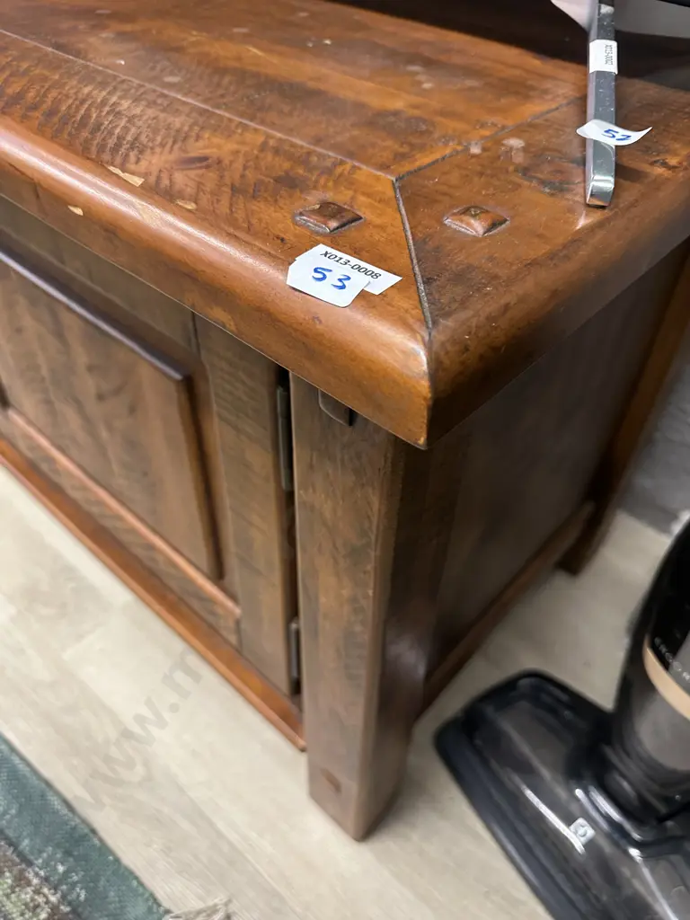 Two Door Rustic Pine TV Unit With Curved Solid Metal Handles, 3 Shelves. H52 W164 D45cm Image 1++