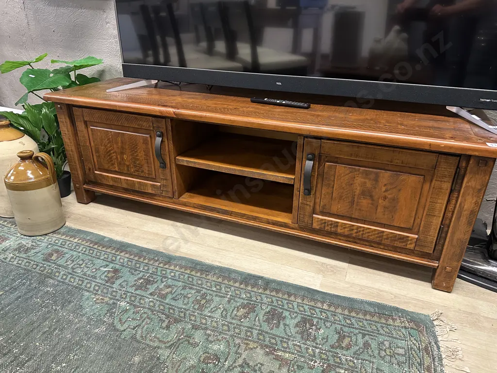 Two Door Rustic Pine TV Unit With Curved Solid Metal Handles, 3 Shelves. H52 W164 D45cm Image 1++