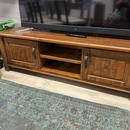 Two Door Rustic Pine TV Unit With Curved Solid Metal Handles, 3 Shelves. H52 W164 D45cm