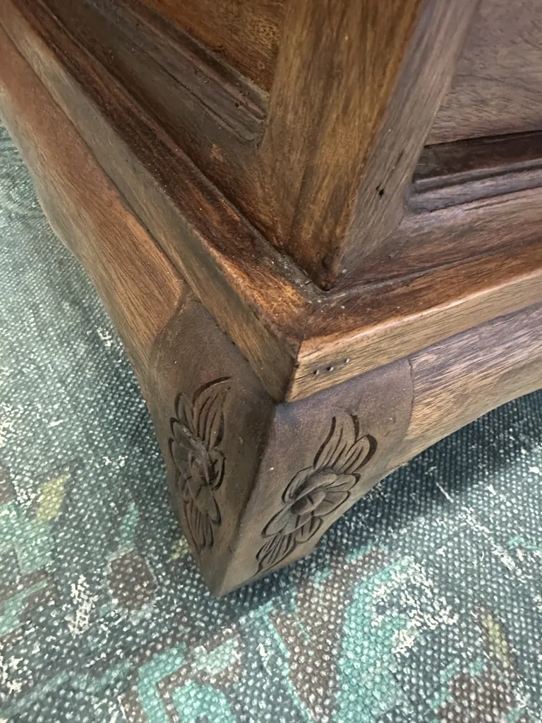 Teak 2 Drawer Square Coffee Table, Carved Legs. 43 x 76cm Image 1++