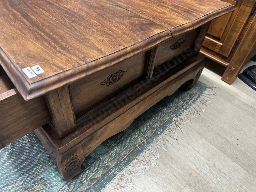 Teak 2 Drawer Square Coffee Table, Carved Legs. 43 x 76cm Image 1++
