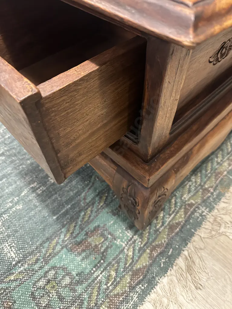 Teak 2 Drawer Square Coffee Table, Carved Legs. 43 x 76cm Image 1++