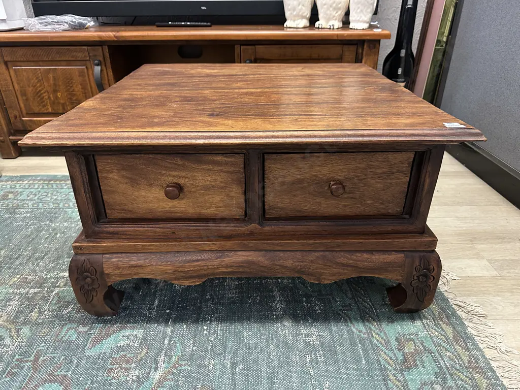 Teak 2 Drawer Square Coffee Table, Carved Legs. 43 x 76cm Image 1++