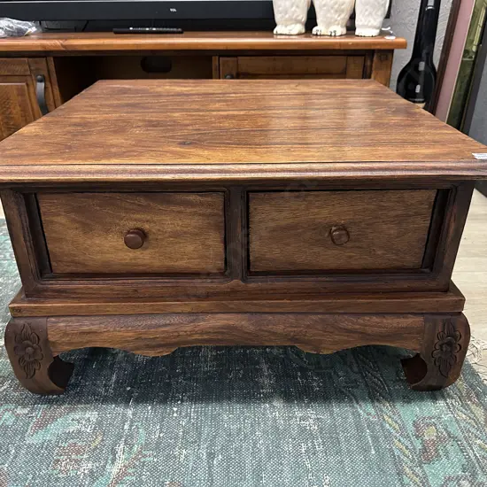 Teak 2 Drawer Square Coffee Table, Carved Legs. 43 x 76cm