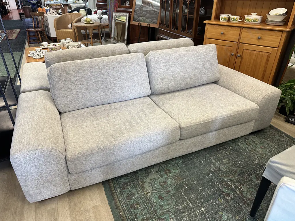 Modern White & Grey Flecked Two Seater Sofa, Square Arms. L234cm Image 1++