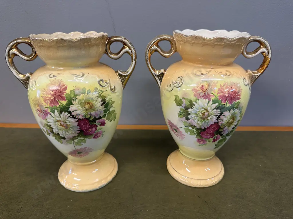 Pair Of Victorian Hand Painted Floral Vases (as found) H23cm. Image 1++