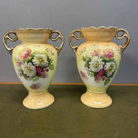 Pair Of Victorian Hand Painted Floral Vases (as found) H23cm.