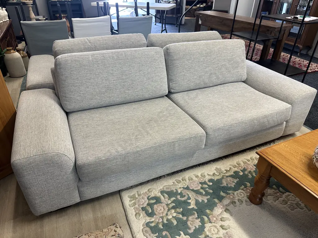 Modern White & Grey Flecked Two Seater Sofa, Square Arms. L234cm Image 1++
