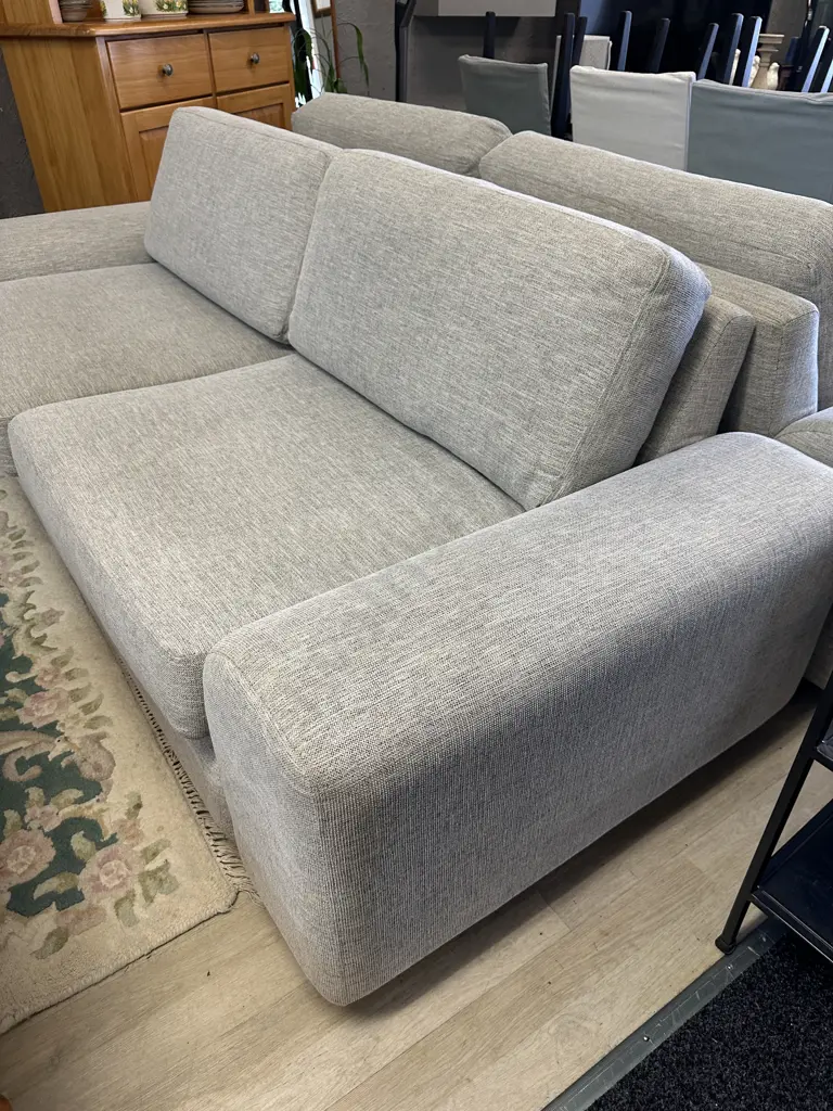 Modern White & Grey Flecked Two Seater Sofa, Square Arms. L234cm Image 1++