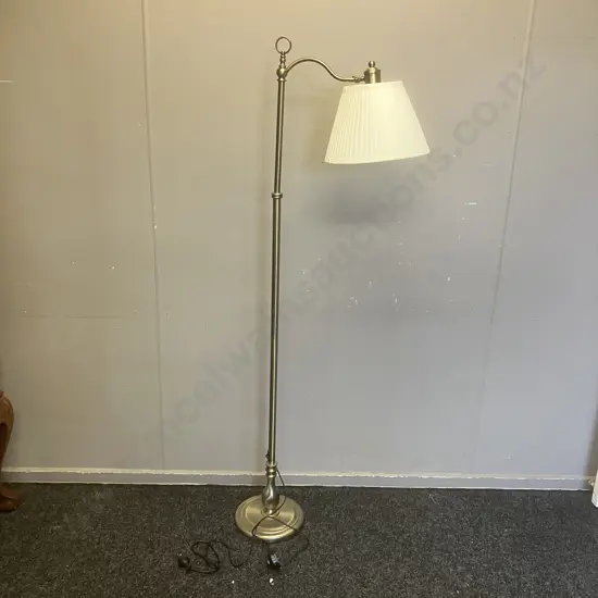 Austrabeam / Stylelux Floor Lamp With White Fabric Shade, Tilt Adjustable Head, Brushed Finish. H166cm