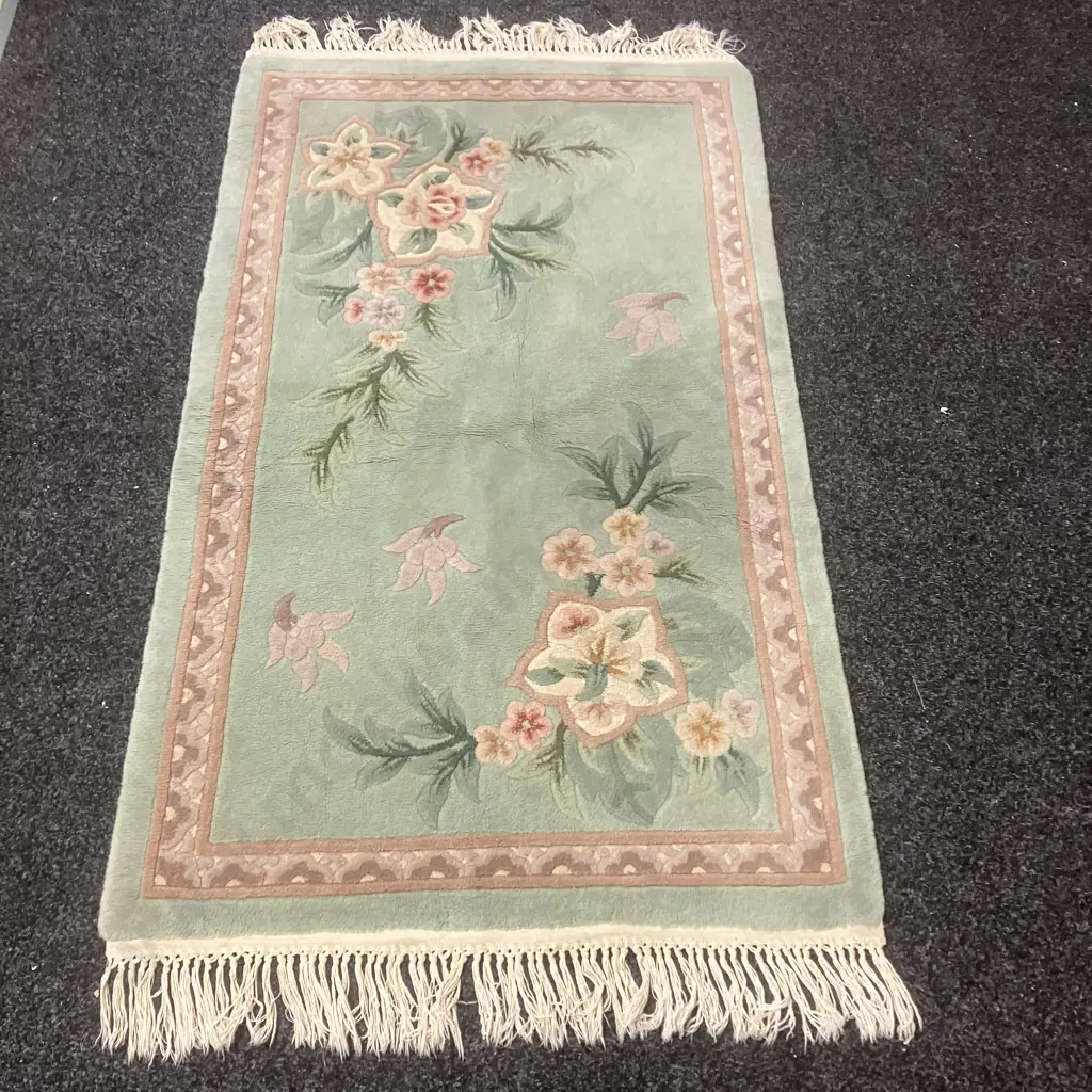 Woollen Floor Rug - 162 x 91cm Green / Burgundy Tones Image 1++