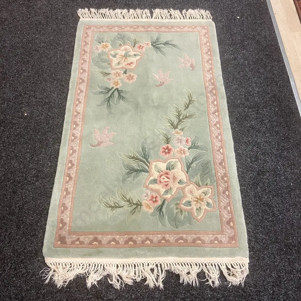 Woollen Floor Rug - 162 x 91cm Green / Burgundy Tones Image 1++