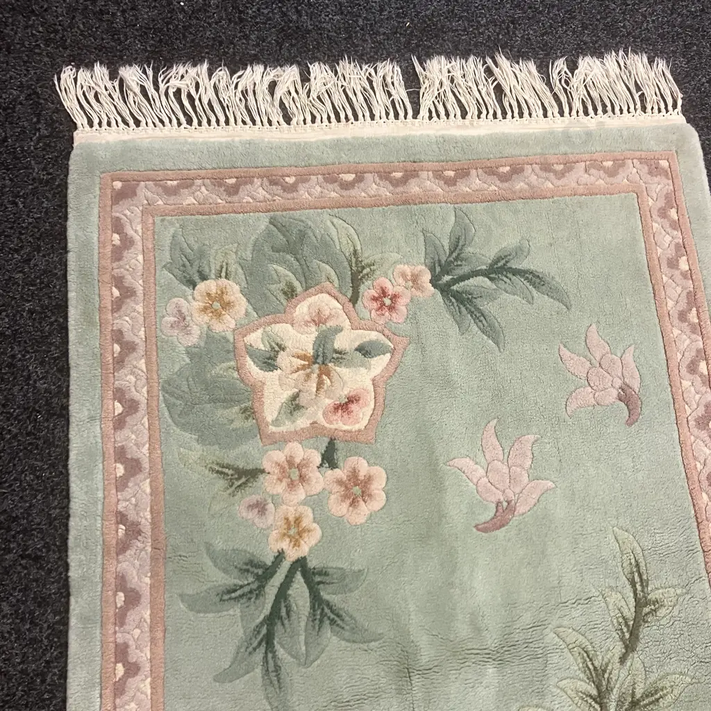 Woollen Floor Rug - 162 x 91cm Green / Burgundy Tones Image 1++