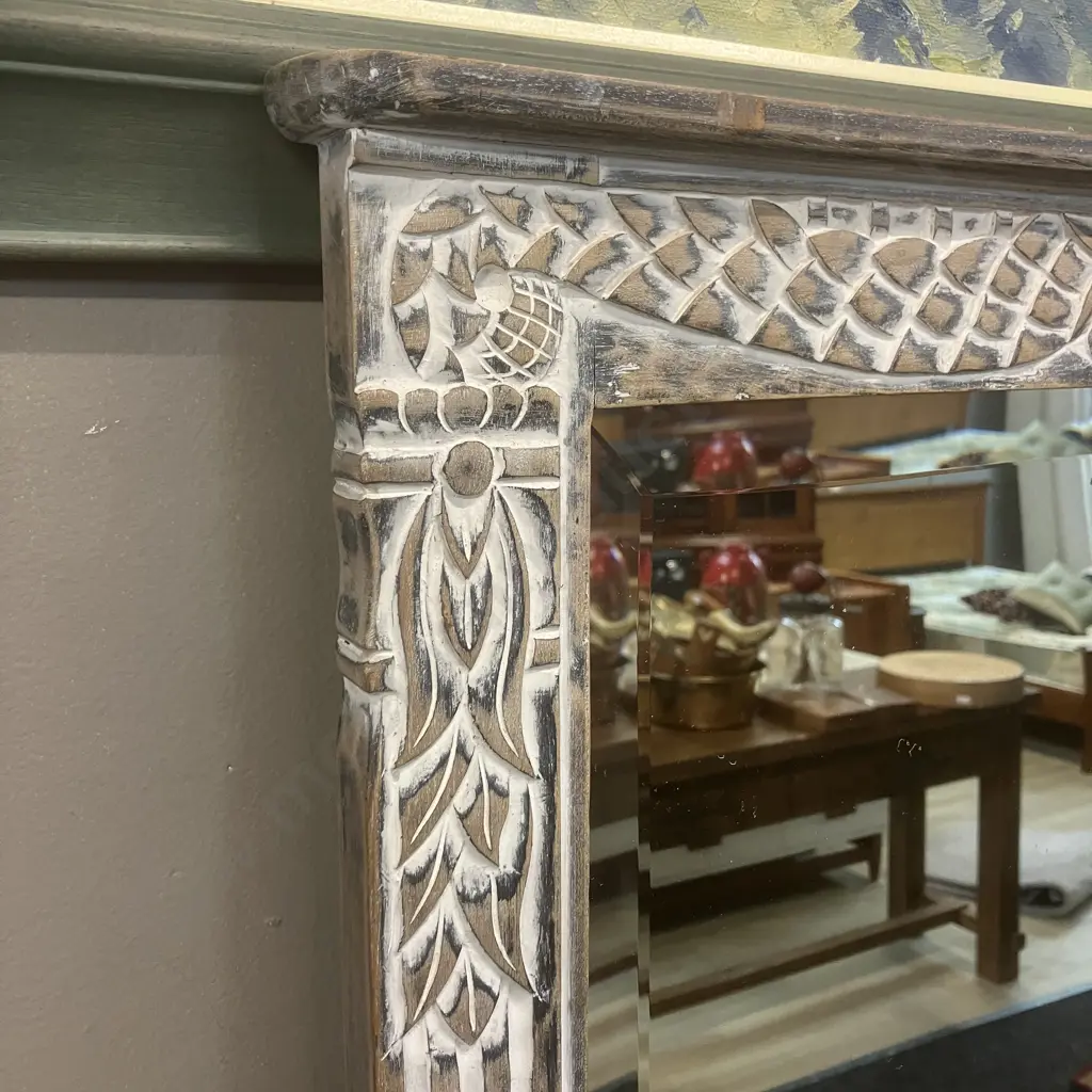 Bevelled Edge Wall Mirror In A Hand Carved White Washed Frame. 81 x 54cm Image 1++