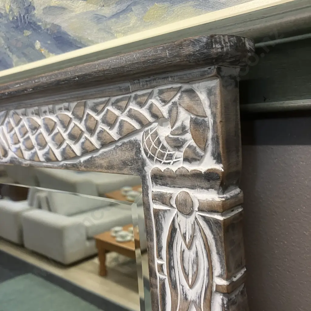 Bevelled Edge Wall Mirror In A Hand Carved White Washed Frame. 81 x 54cm Image 1++