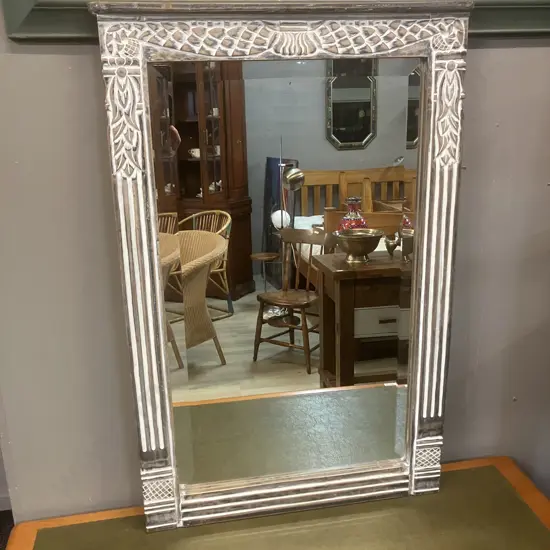 Bevelled Edge Wall Mirror In A Hand Carved White Washed Frame. 81 x 54cm