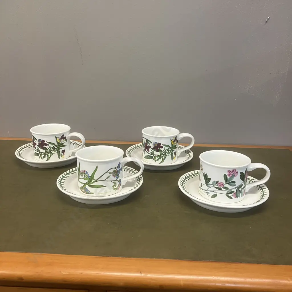 Portmeirion Botanic Garden Drum Flat Cup And Saucers x 4 - Forget Me Not, Heartsease & Rhododendron Image 1++