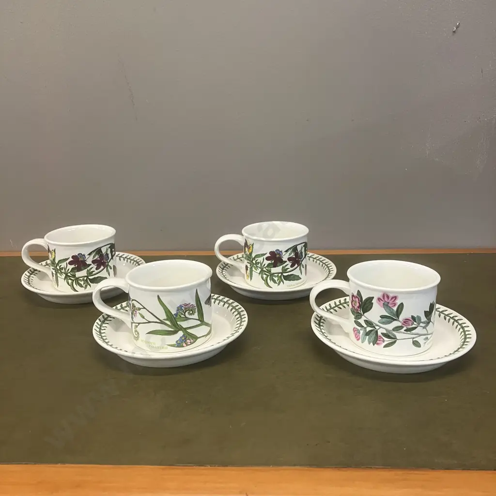 Portmeirion Botanic Garden Drum Flat Cup And Saucers x 4 - Forget Me Not, Heartsease & Rhododendron Image 1++
