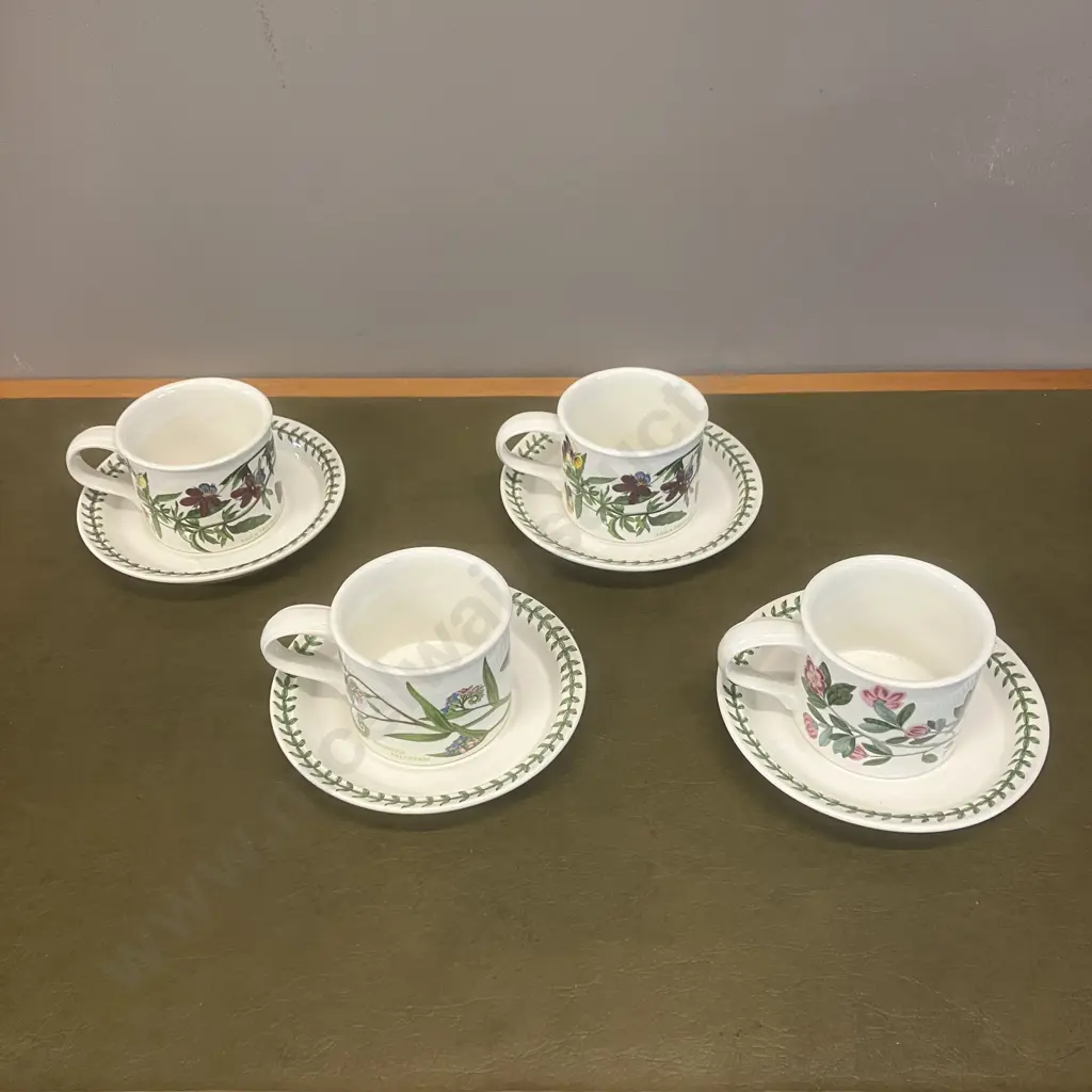 Portmeirion Botanic Garden Drum Flat Cup And Saucers x 4 - Forget Me Not, Heartsease & Rhododendron Image 1++