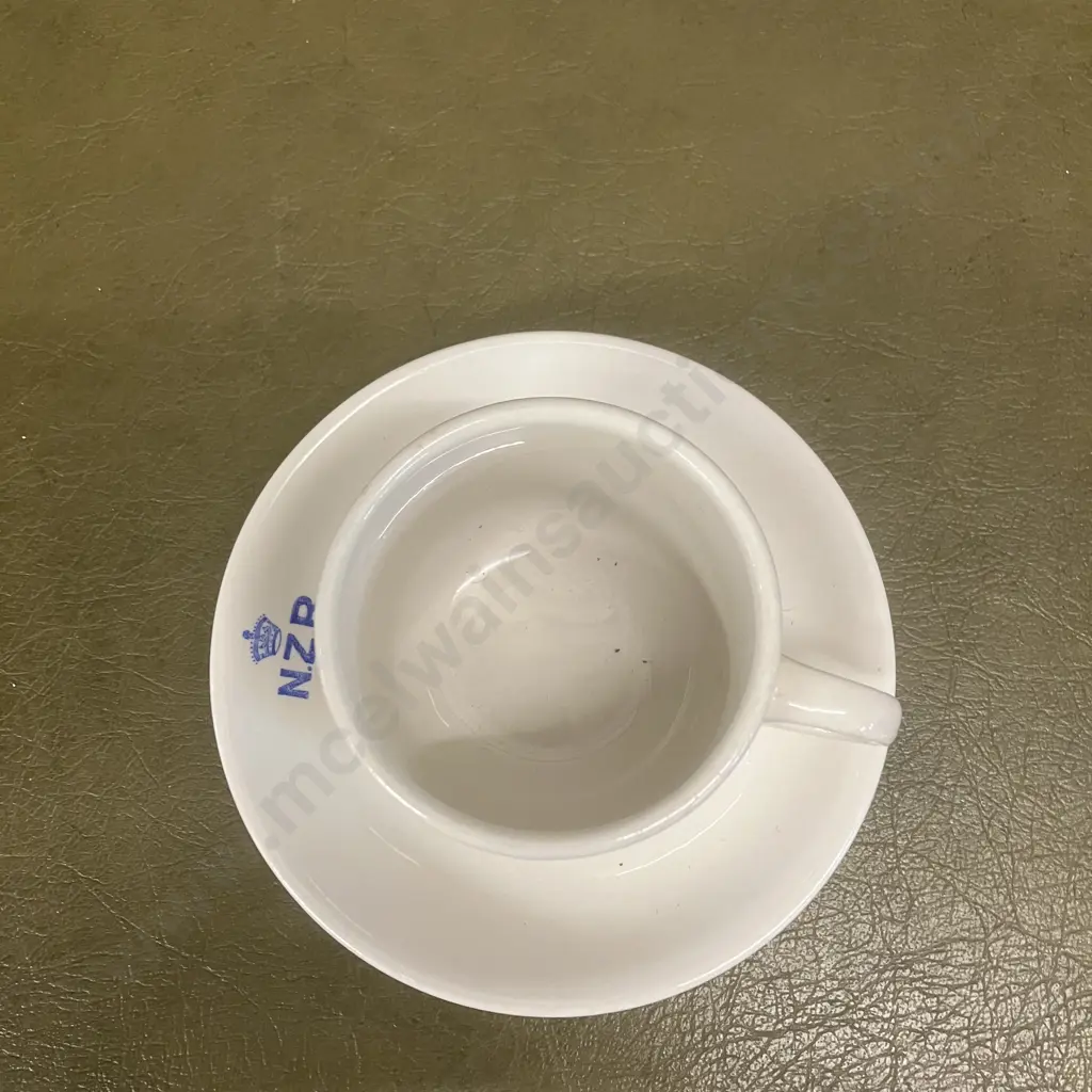 Crown Lynn New Zealand Railways Cup and Saucer - Black Logo on Grey Cup & Blue Logo On White Saucer Image 1++