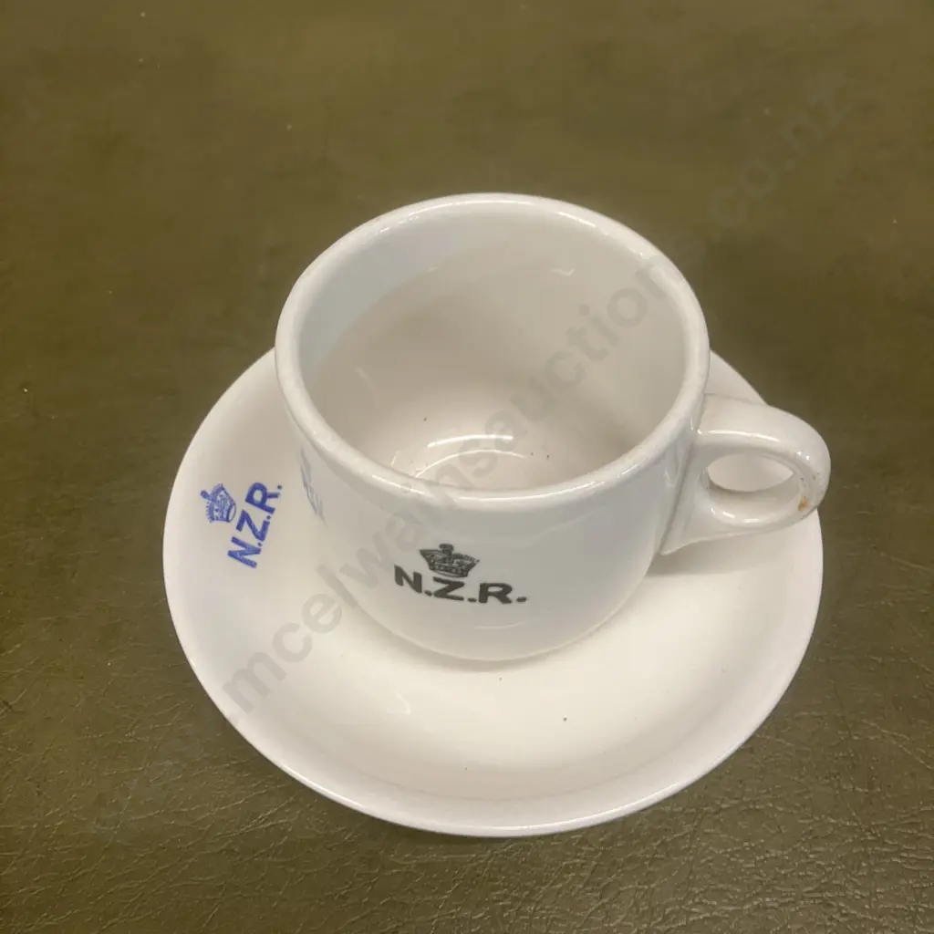 Crown Lynn New Zealand Railways Cup and Saucer - Black Logo on Grey Cup & Blue Logo On White Saucer Image 1++