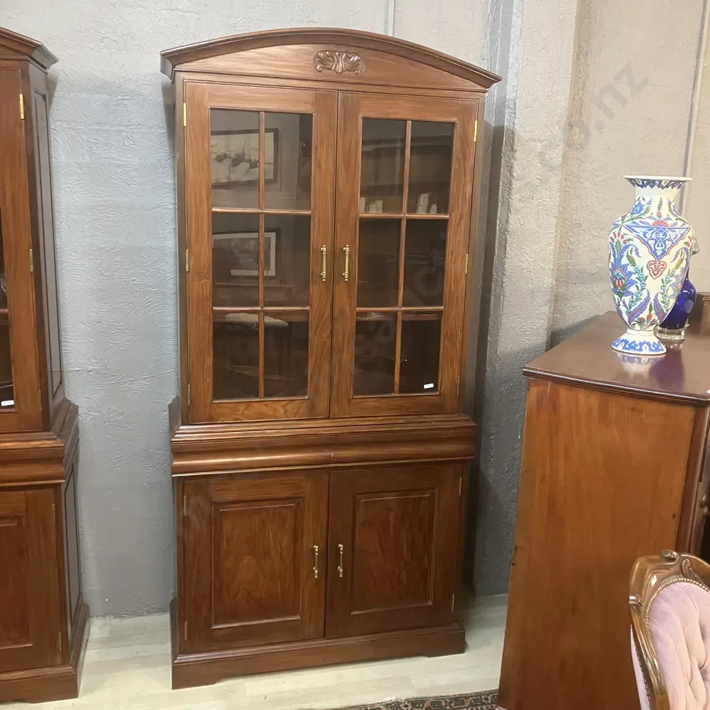 Modern Mahogany Glazed Bookcase On Double Door Base, Glass Doors, Domed & Carved Top. 2 Piece H208 W101 D39cm Image 1++
