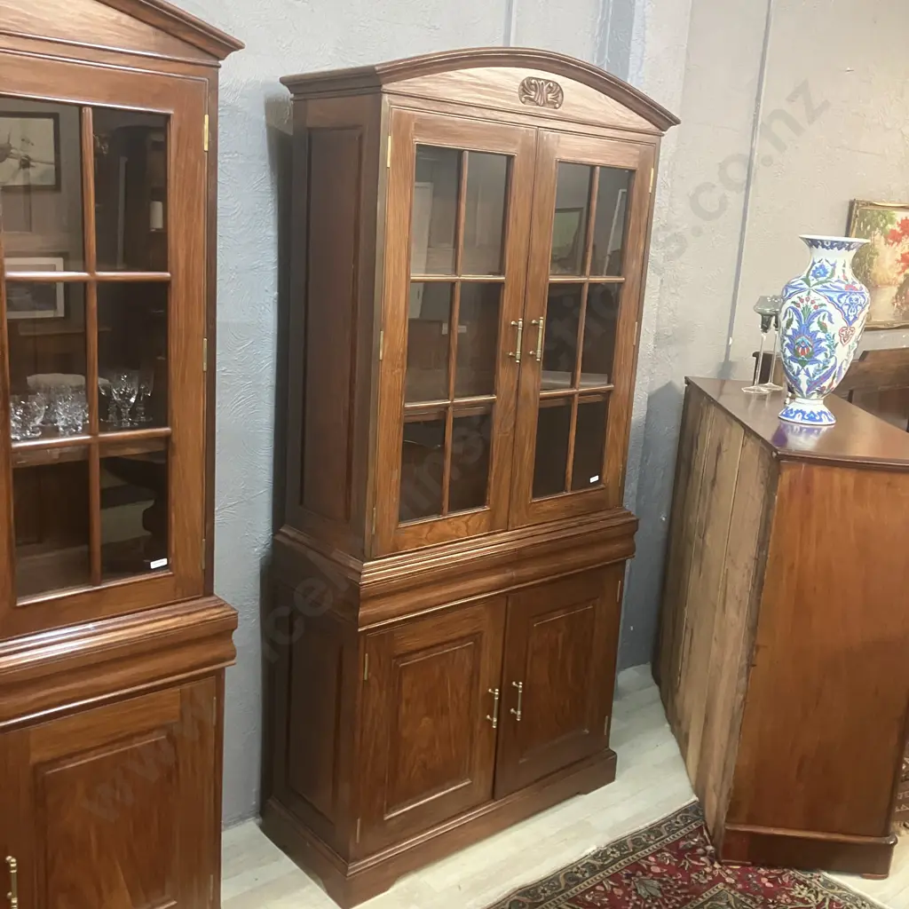 Modern Mahogany Glazed Bookcase On Double Door Base, Glass Doors, Domed & Carved Top. 2 Piece H208 W101 D39cm Image 1++