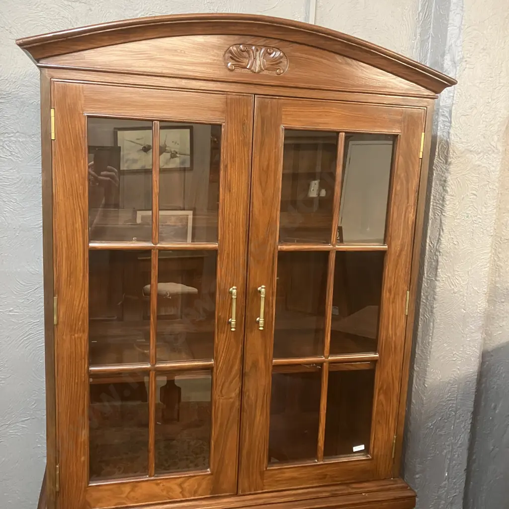 Modern Mahogany Glazed Bookcase On Double Door Base, Glass Doors, Domed & Carved Top. 2 Piece H208 W101 D39cm Image 1++