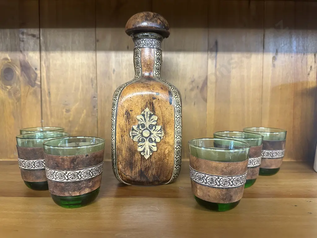 Decorative Italian Wooden Decanter & Six Green Tumblers Image 1++