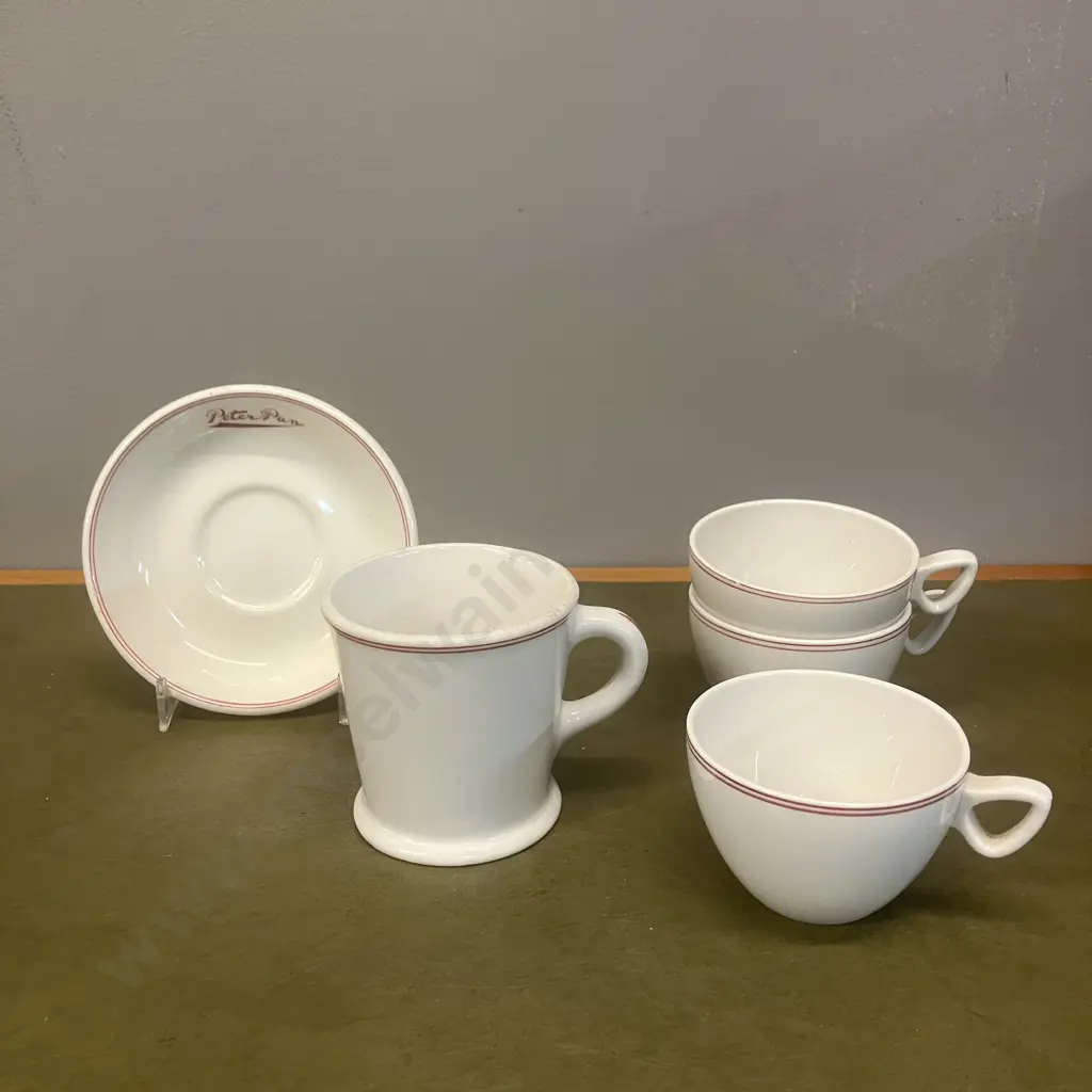 Vintage Crown Lynn Mug & Three Cups Hotel Ware - Vitrified White With Two Red Stripes (1960s) Image 1++