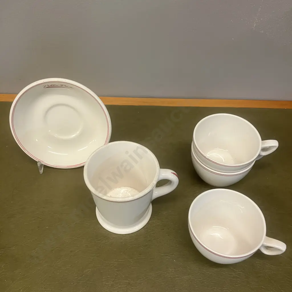 Vintage Crown Lynn Mug & Three Cups Hotel Ware - Vitrified White With Two Red Stripes (1960s) Image 1++