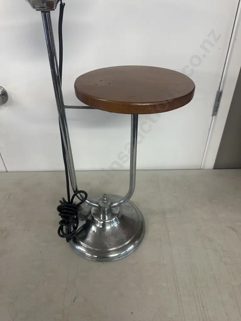 Art Deco Chrome Plated Small Round Wooden Table Lamp Image 1++