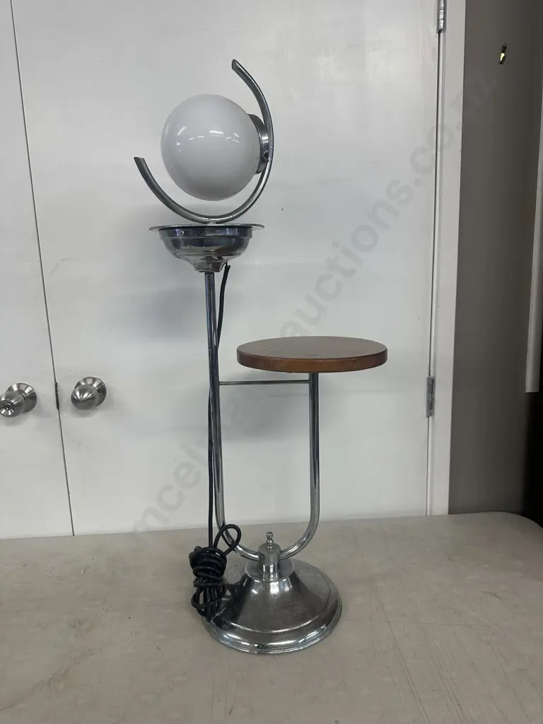 Art Deco Chrome Plated Small Round Wooden Table Lamp Image 1++