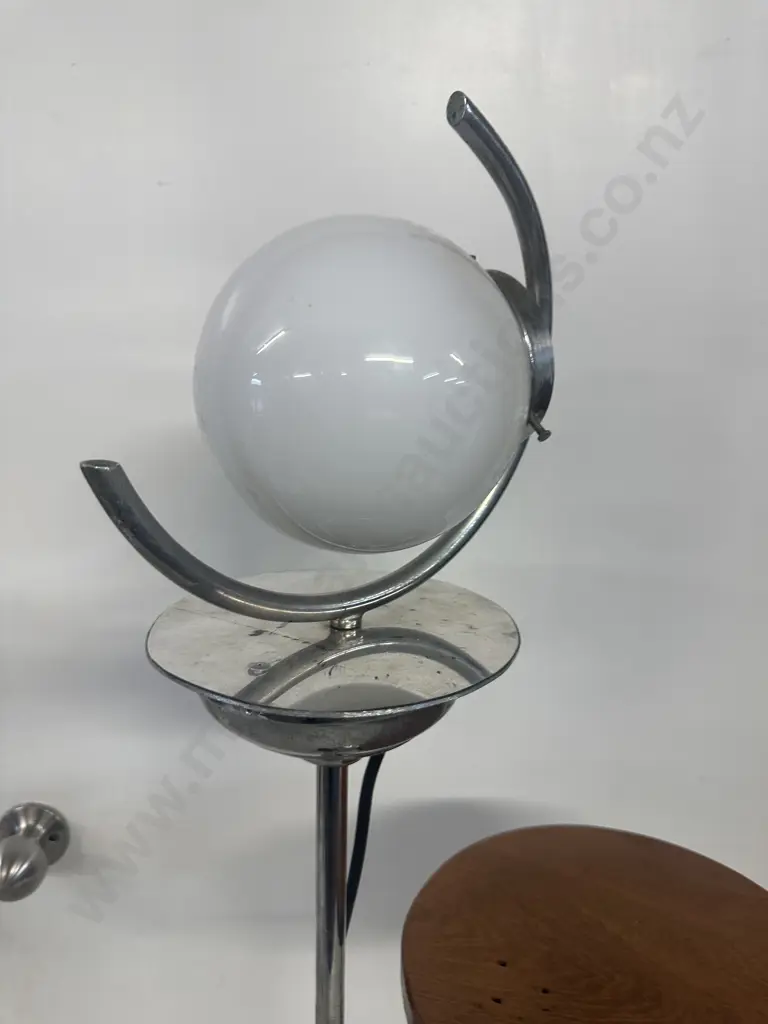 Art Deco Chrome Plated Small Round Wooden Table Lamp Image 1++