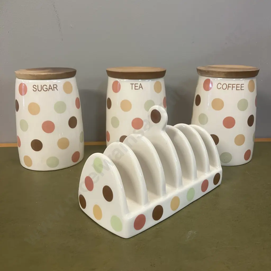 TG Vintage Ceramic Spotty Canisters With a Toast Rack Image 1++