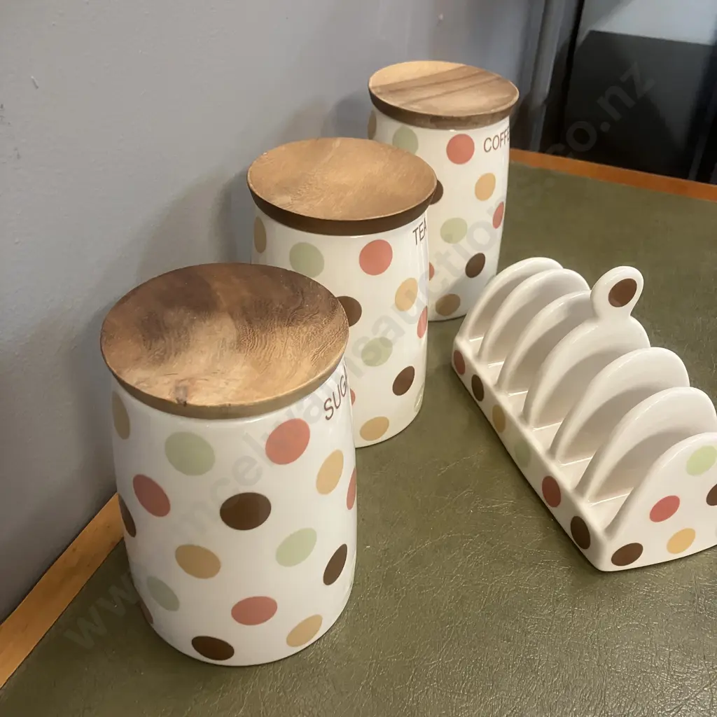 TG Vintage Ceramic Spotty Canisters With a Toast Rack Image 1++