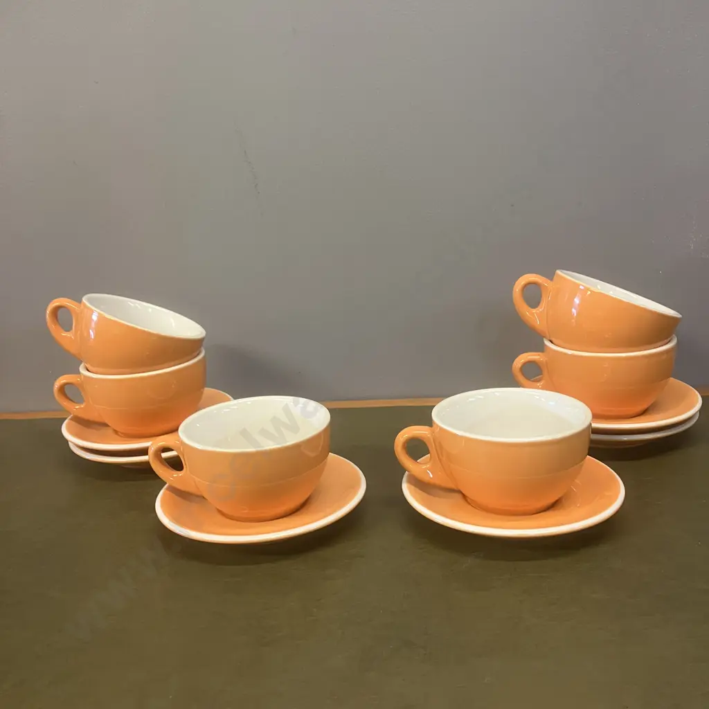 Orange & White Latte Cups With Saucers x 6 - Rockingham Image 1++