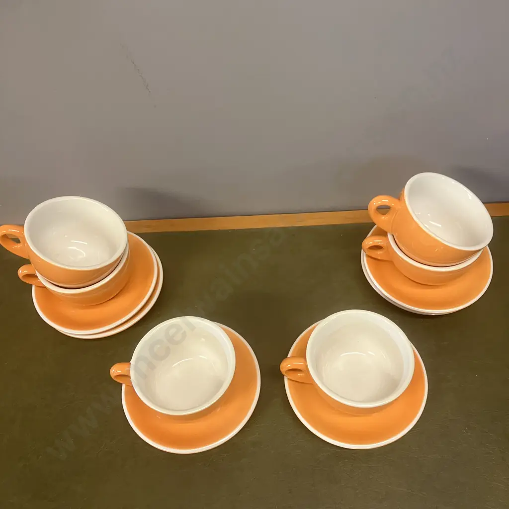 Orange & White Latte Cups With Saucers x 6 - Rockingham Image 1++