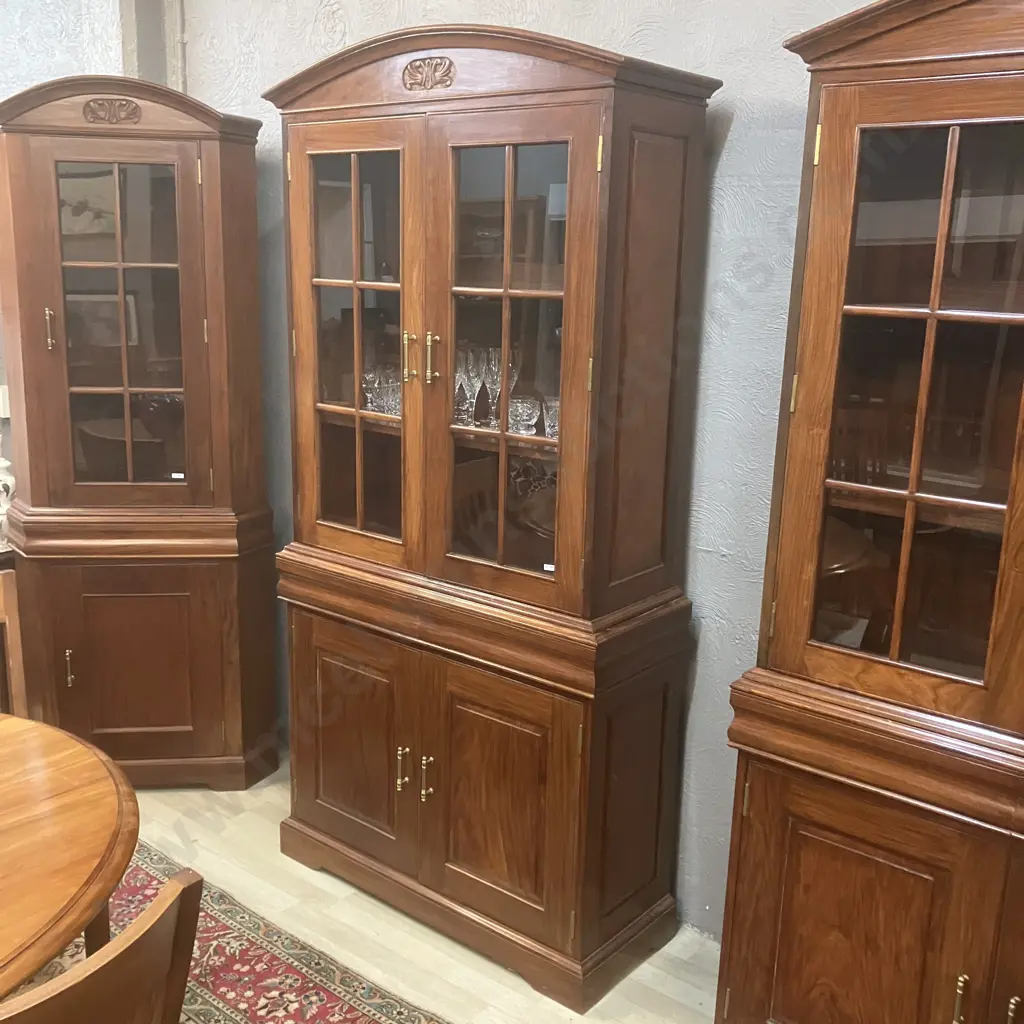 Modern Mahogany Glazed Bookcase On Double Door Base, Glass Doors, Domed & Carved Top. 2 Piece H208 W101 D39cm Image 1++