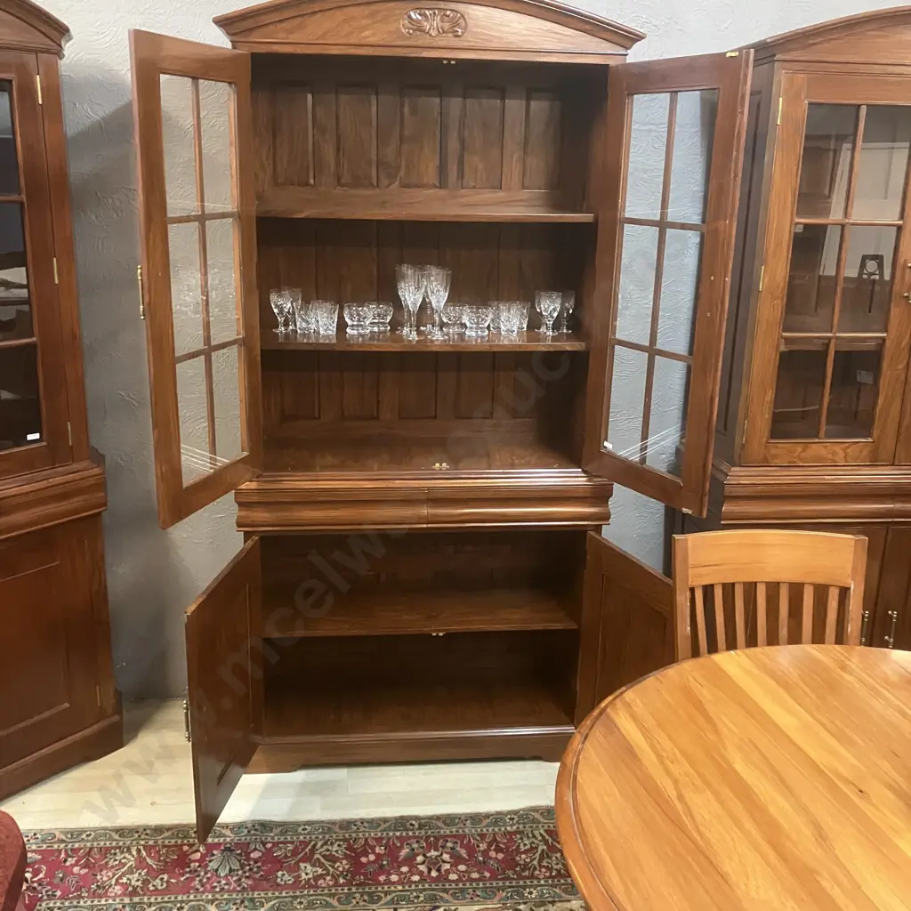 Modern Mahogany Glazed Bookcase On Double Door Base, Glass Doors, Domed & Carved Top. 2 Piece H208 W101 D39cm Image 1++
