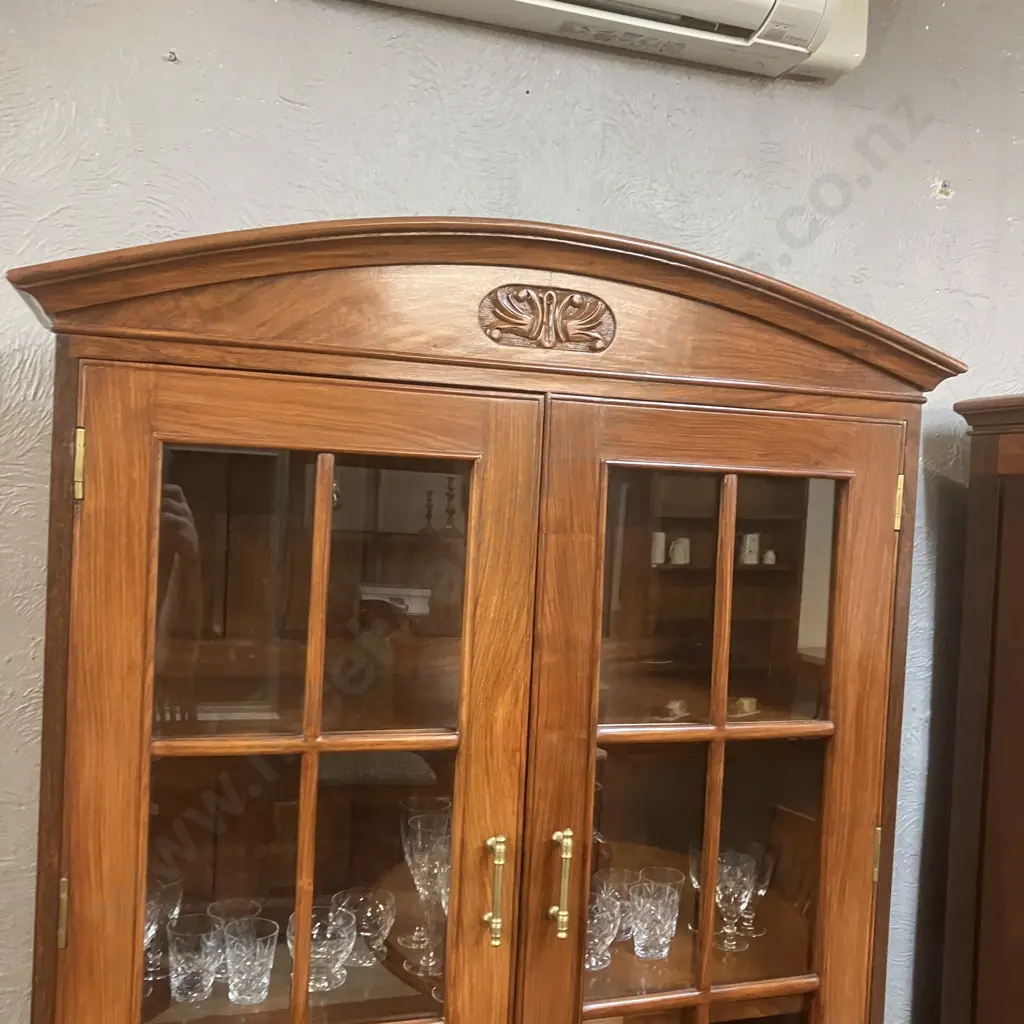 Modern Mahogany Glazed Bookcase On Double Door Base, Glass Doors, Domed & Carved Top. 2 Piece H208 W101 D39cm Image 1++