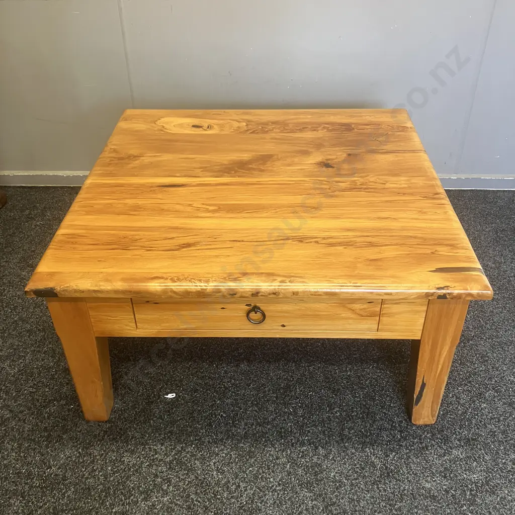 Recycled Rimu Coffee Table With Drawer, Black Steel Ring Handle. H44 W90 D88cm Image 1++