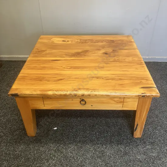 Recycled Rimu Coffee Table With Drawer, Black Steel Ring Handle. H44 W90 D88cm