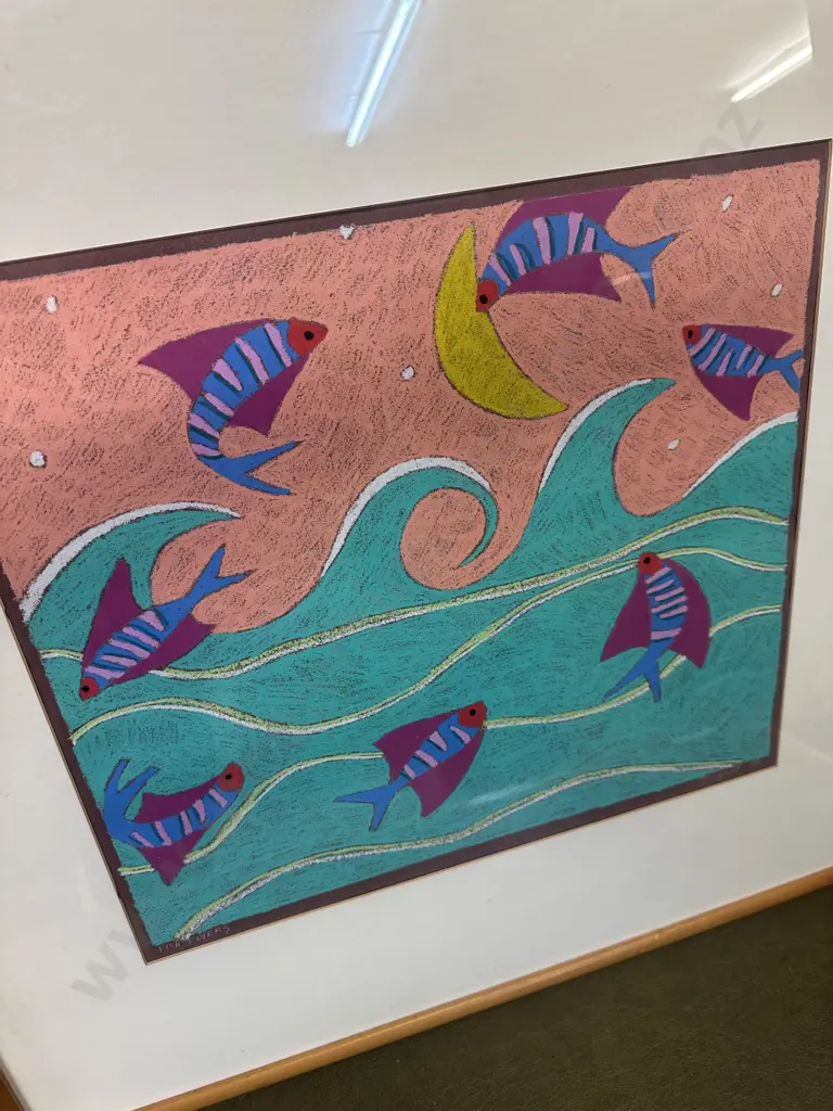 Signed Framed Artwork Titled Fish Flyers 70x70cm. Image 1++